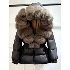 Women's Winter Thickened Jacket with Super Large Faux Fur Hooded Lining, Belted Waist & Ribbed Cuffs - Machine Washable Cold-Weather Coat for Extreme Cold, Solid Color Elegant Design