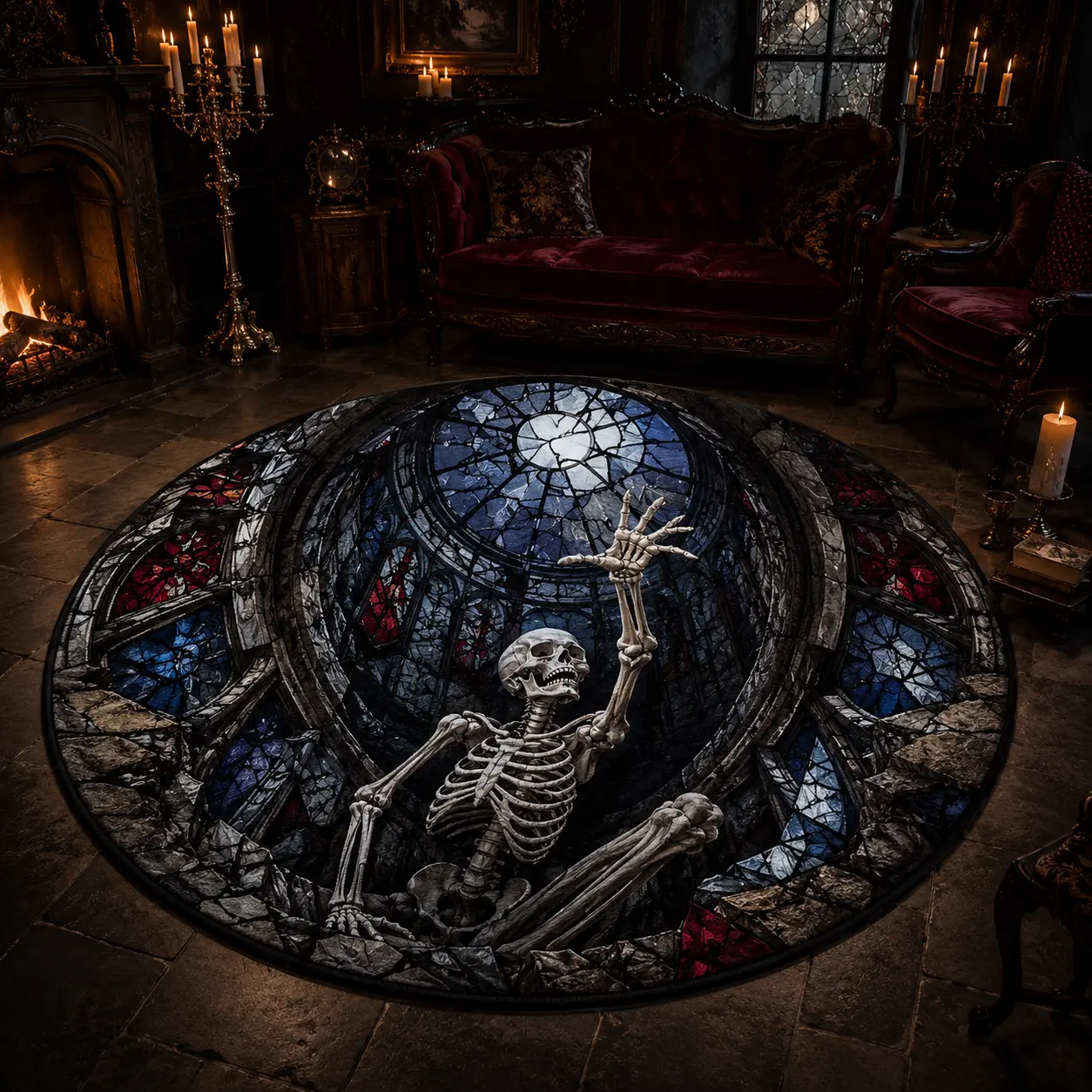 3D Gothic Cathedral Skeleton Round Rug, Haunted Stained Glass Optical Illusion Area Rug, Dark Horror Floor Mat for Living Room, Bedroom & Halloween Decor