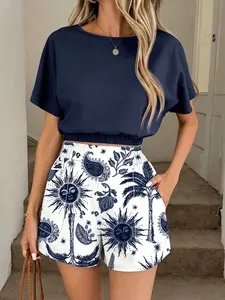 Women's Summer Two-Piece Set, Sun Palm Print Top + Elastic Waist Shorts, Casual Fashion, Comfortable and Stylish