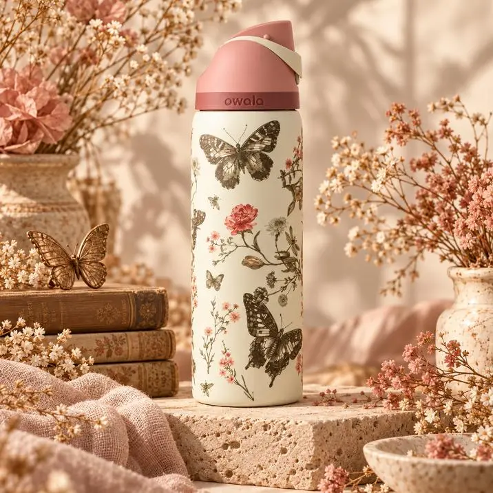 Owala Butterfly Floral 32oz FreeSip Water Bottle Insulated Stainless Steel Tumbler Vintage Boho Design