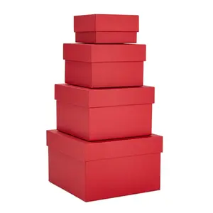 Stockroom Plus Set of 4 Sizes Square Nesting Gift Boxes with Lids for Presents, Decorative Goodie Box for Holidays, Red