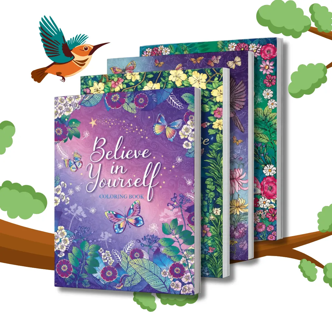 4-Pack High-Detail Inspirational Coloring Book Bundle - Office Stationery Art Supplies with Birds, Butterflies, "Believe in Yourself" Motifs, Mindfulness, Creativity, Unisex Animals & Nature Designs for Adults Relaxing Gifts