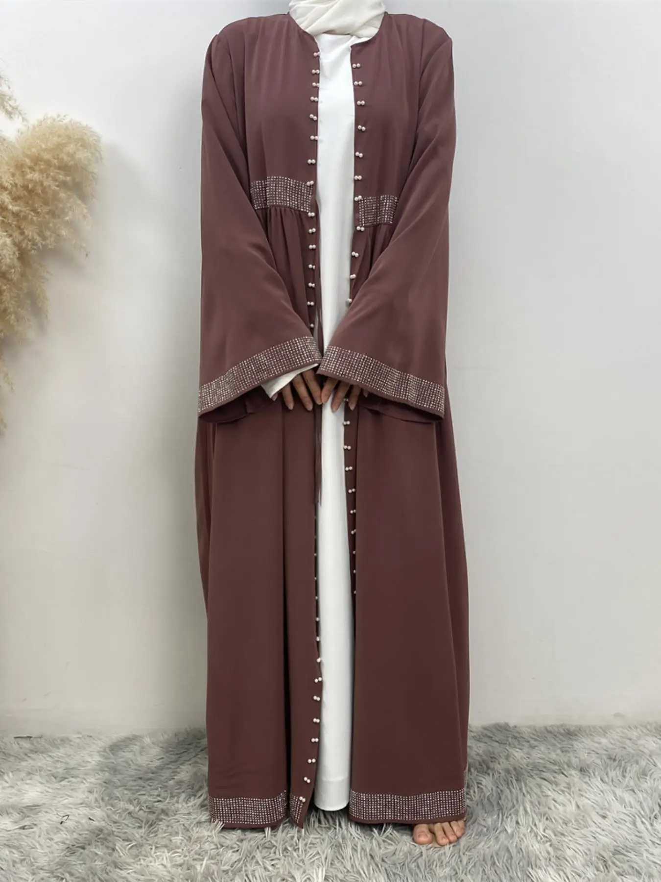 Women's Faux Pearls & Rhinestone Decor Tie Front Abaya, Fashion Casual Long Sleeve Open Front Maxi Arabic Clothing, Ladies Spring & Fall Muslim Clothe