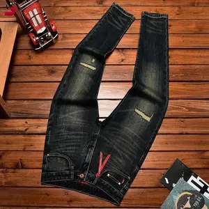 Men’s Vintage Retro Jeans 2025, distressed patched slim fit stretch denim pants fitted streetwear