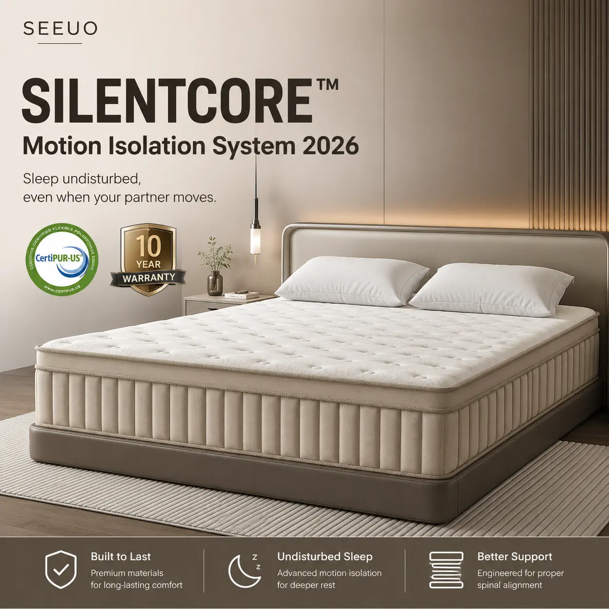 SEEUO 12 Inch King Size Medium Firm Hybrid Mattress in a Box, Memory Foam & Pocket Springs, Lumbar Support, Motion Isolation, Twin/Full/Queen/King