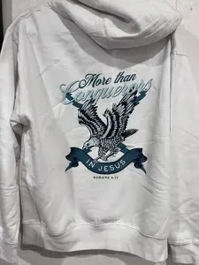 WHITE HOODIE WITH CONQUER EAGLE IMAGE FOR MEN AND WOMEN LAREG WHITE LA VIVA STYLE DTF RELIDOUS PRINTING LARG
