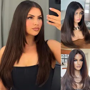 Ombre Brown Wigs Human Hair for Women Layered With Bangs Pre Plucked Pre Bleached Straight 12A Remy Hair Wigs for Daily Use or Party Wig Colored 13x4 Ombre Lace Front Wig Human Hair