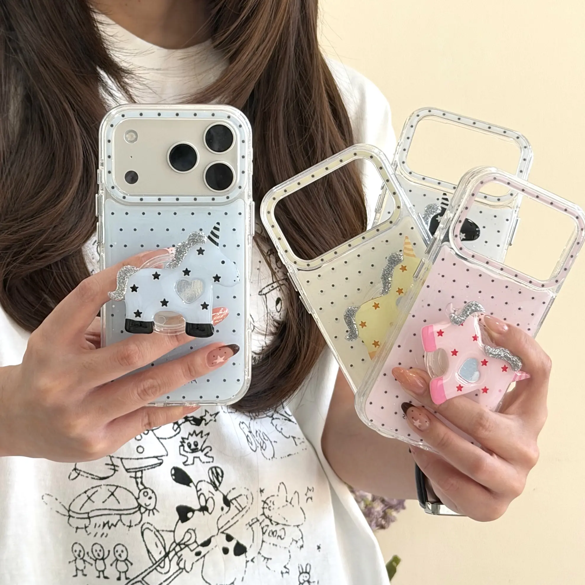 Gold Foil Epoxy Polka Dot Shockproof Phone Case - Protection for iPhone 13,14,15,16,17 Pro Max, Compact Thin, Scratch-Proof, Fingerprint-Friendly, with Unicorn Holder