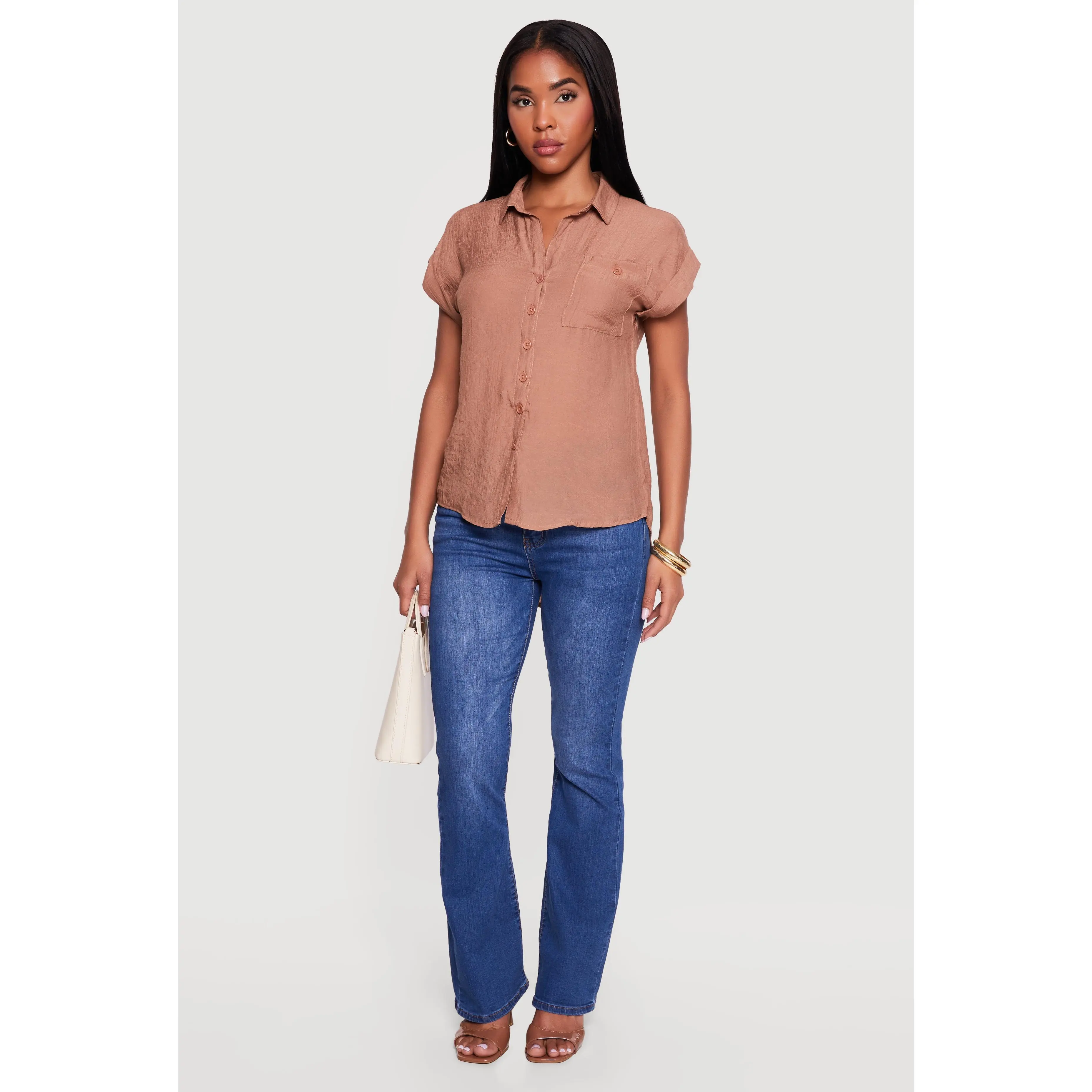 Solid Gauze Knit Short Sleeve Button Front Shirt
