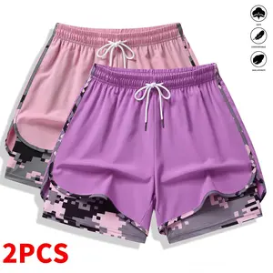 Women’s casual athletic shorts, 2-pack, with built-in liner, drawstring, elastic waistband; suitable for outdoor sports, fitness, running, and casual wear; women’s shorts, athletic shorts, womenswear