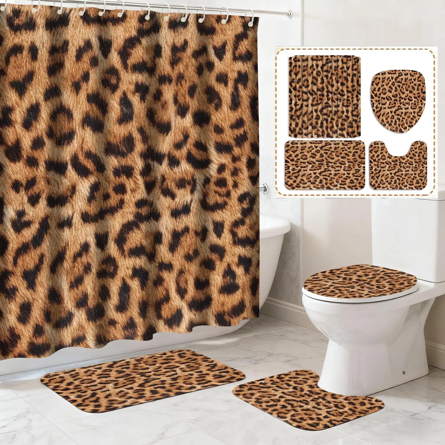 Bathroom Sets with Shower Curtain and Rugs, 4-Piece Leopard Print 72" x 72" Wild Safari Cheetah Decor, Includes Non-Slip Mat, Toilet Lid Cover