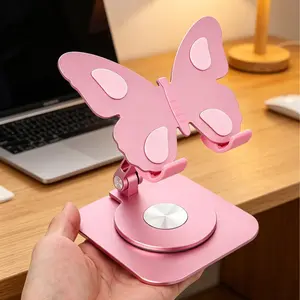 Aluminum Butterfly Cellphone Stand for Desk, 360° Rotating Mobile Holder with Adjustable Height & Angle, Foldable Portable Tech Accessories for All Smartphones & Tablets
