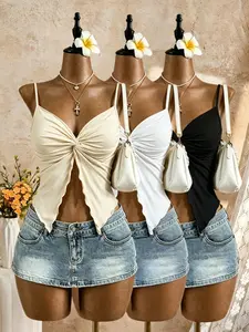 Women's Knot Back Tank Top, 3-Piece Set Ruched Sleeveless Short Top, Sexy V-Neck Split Hem Lace Trim Strapless Shirt, Slim Fit Statement Spaghetti Strap