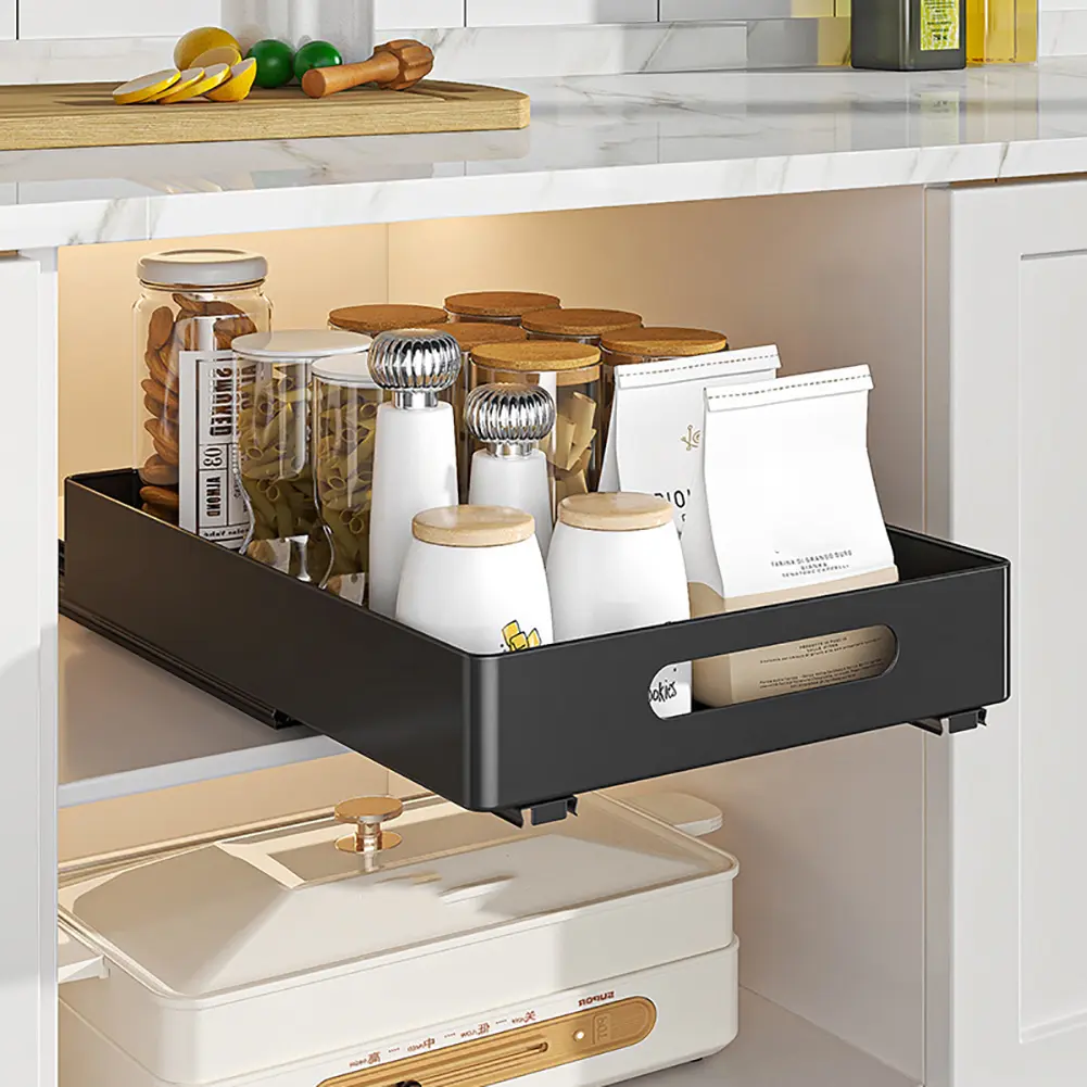 Garvee Black Pull Out Cabinet Organizers 14.5" Deep Smooth Slide Out Drawers with Adhesive Film for Pots & Kitchen Base Cabinet Storage