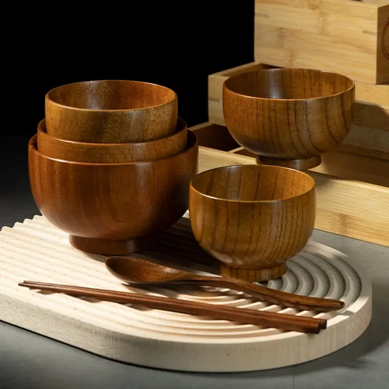 Multifunctional handmade wooden bowl, non-toxic and healthy solid wood dining bowl, insulated tableware for noodles and fruit snacks + free gift (spoon, fork and chopsticks) engraved cutlery