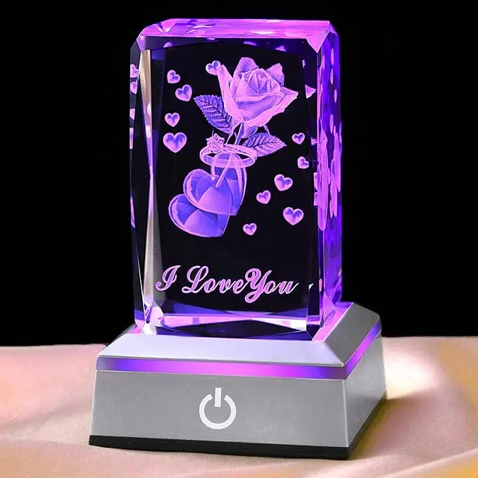 3D Designed Ring & Rose Crystal Night Light with 3D Laser Engraving, Adjustable Colorful Lights, Green/Blue/Red Options, Fast Flashing - Valentine’s Gift for Women, Home & Festive Supplies
