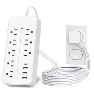 Flat Plug Surge Protector Power Strip with 5-Foot Flat Extension Cord, 4 USB Charging Ports (3 USB A Ports and 1 USB C Port), 8 AC Outlets, Compact Desk Charging Station Wall-Mounted Installation