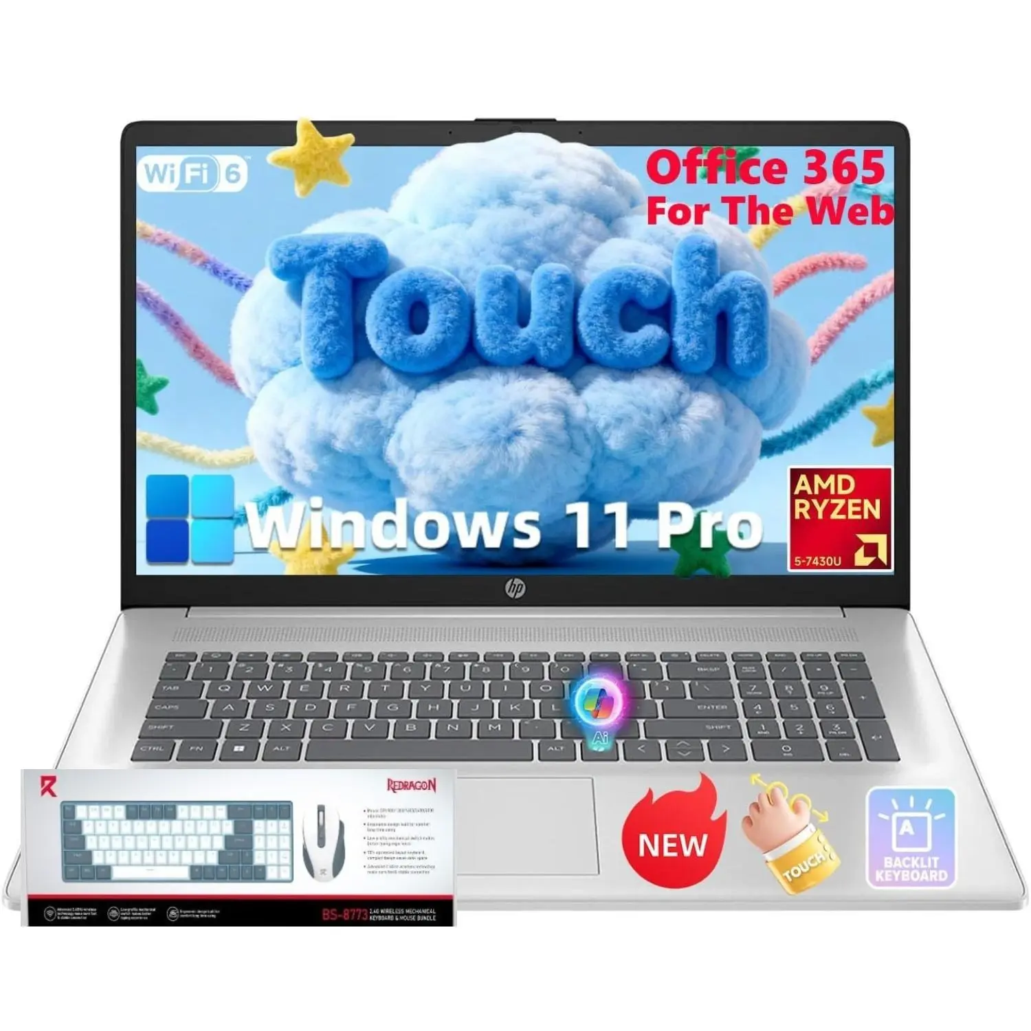 HP 17.3" Anti-Glare Touchscreen Business Student Laptop Computer, AMD Ryzen 5 7430U 6-Core, Backlit Keyboard, WiFi 6, Office 365 Web Version, Windows 11 Pro, w/Accessories