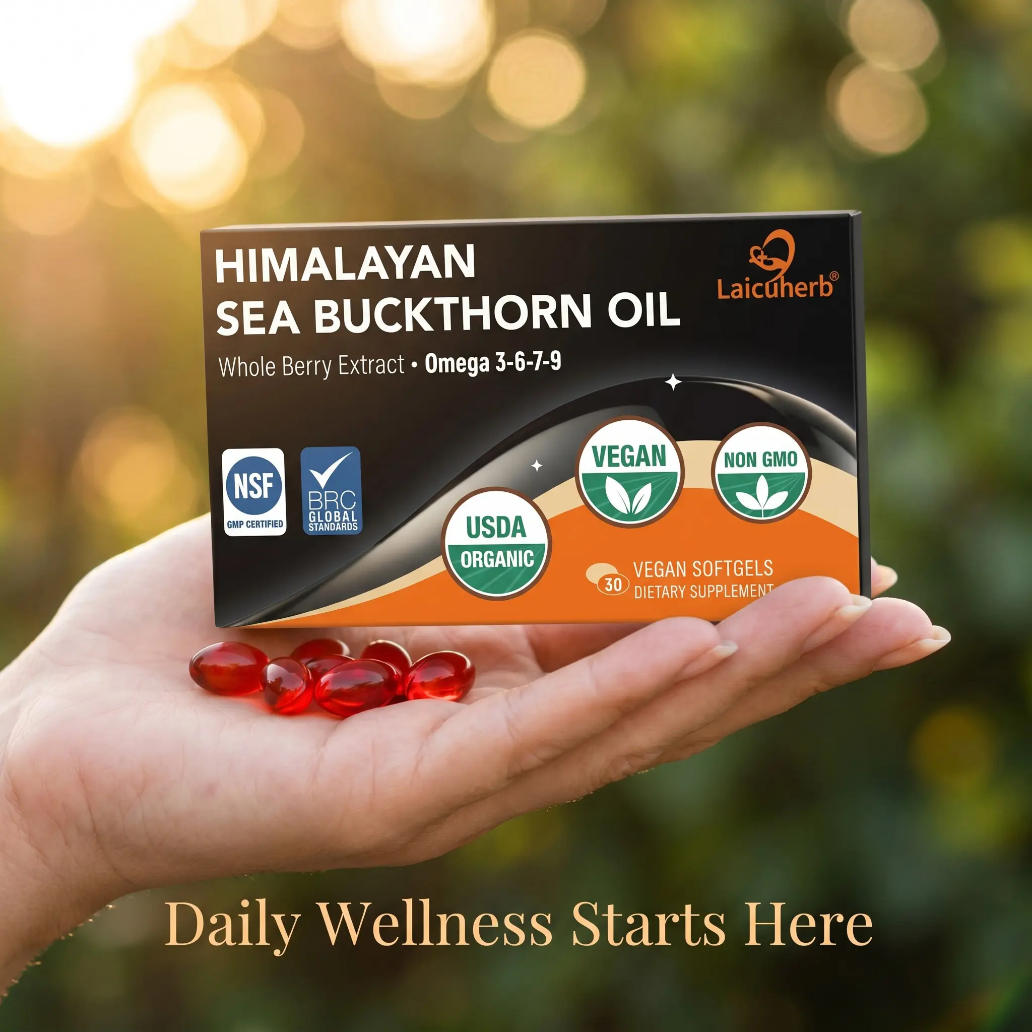 Organic Whole Berry Sea Buckthorn Oil Capsules 1000mg, Vegan Softgels with Omega 7 3 6 9 Fatty Acids, USDA Organic Botanical Supplement Made from Seed & Berry Oil for Daily Wellness, Clean Plant Based Nutrition