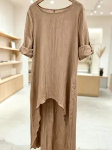 Plus Size Women's Irregular Long Top Round Neck Loose Shirt Vintage Front Short Back Long Fashionable Casual Blouse Womenswear