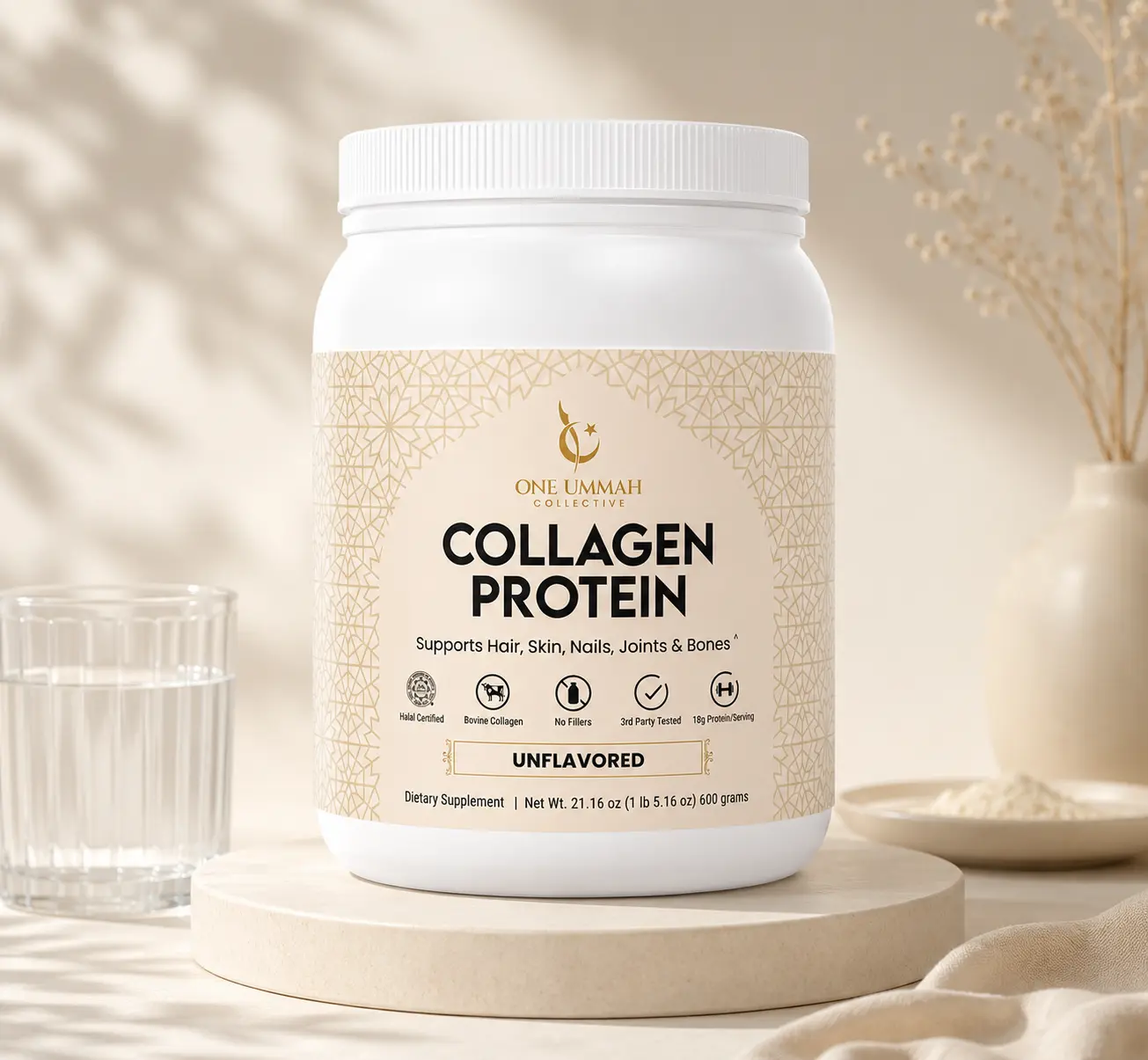 Zabiha Halal Certified Collagen Peptides Protein Powder – Hydrolyzed Bovine Collagen Type I & III – 18g Protein per Serving – Skin, Hair, Nails & Joint Support – Unflavored 30/60 Servings Supplement Daily