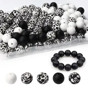 75 Printed Silicone Beads, 15mm Silicone Beads for Keychains, Cow Print Silicone Beads for Pens, Necklace and Bracelet Making, Diy Mix Beads