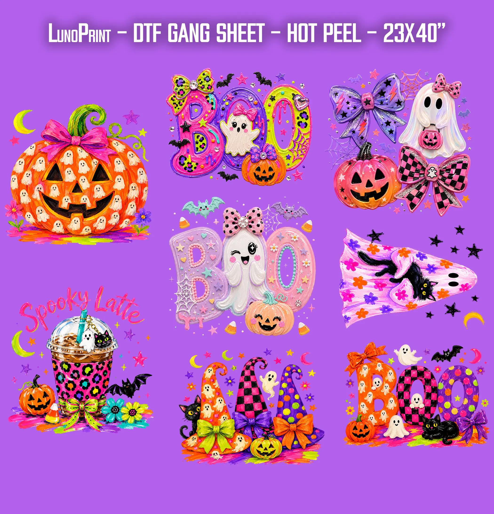 Neon Halloween DTF Gang Sheet for Youth/Adult. Cute Ready-to-press Hot Peel Heat transfers 9274 9275