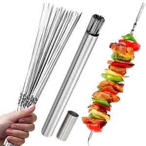 15pc Stainless Steel Grill Skewers Set - Durable & Rust-resistant for BBQ, Shish Kebab & Camping - Portable Storage Tube, Easy-to-clean Flat Forks, Perfect Cookware Accessories for Outdoor Cooking Adventures