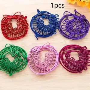 Random Color Portable Clothesline With 12pcs Clothespins, 1 Set Windproof Travel Clothesline, Stretchy Retractable Elastic Laundry Clothes Line For Backyard, Vacation Hotel, Balcony