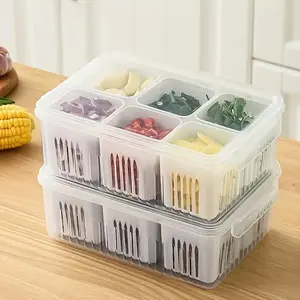 Food Storage Containers with Lids Airtight, Scallion Preservation Box Fridge Fresh-Keeping Container, 6 Grids Draining Crisper Portable Divided Fruit Storage Container Ginger Storage Basket for,Clear Storage Container for Easy Access, Snack Containers