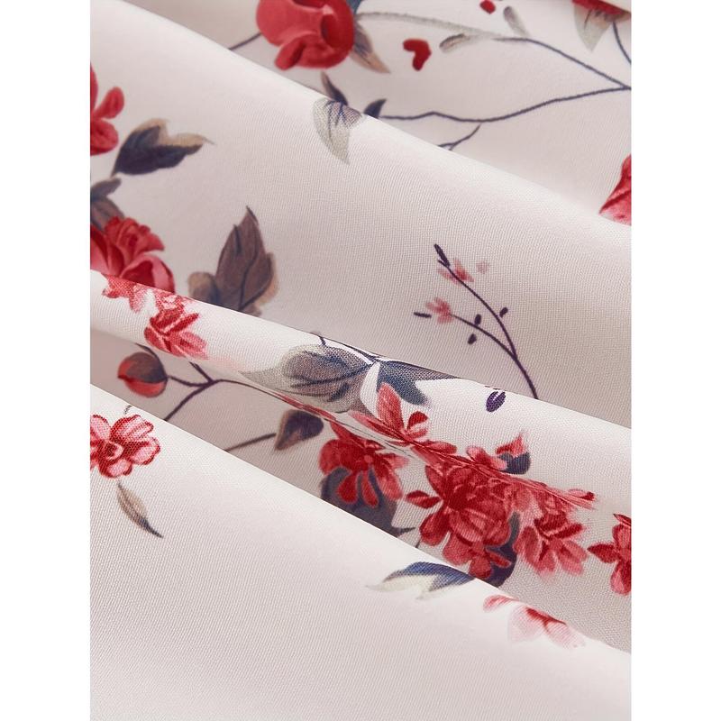 Stand Collar Drawstring Women's Elegant Off-Shoulder Floral Print Dress with Red Bow Straps - Women's Smocked Tiered Maxi Dress