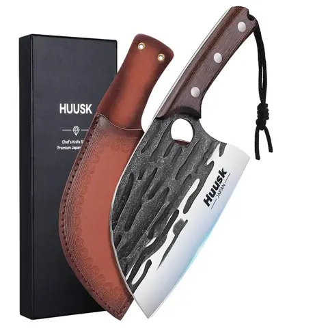 Huusk Upgraded ATS-34 Steel Serbian Chef Knives Bundle - Thick Wooden Handle Kitchenware with Small Meatknife, Full Tang Hand Sharpened Steak Knife, Leather Sheath Safe, Fingerhole Control, Gift Box, Lifetime Durability, Hammered Face for Cooking