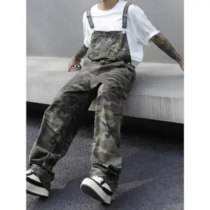 Men'S Fashion Camo Denim Overalls, 100% Cotton, Extra Long Length, All-Season Casual Regular Fit with Pockets, Woven Fabric, 288g/m2 - Versatile Streetwear Menswear Suits Formal Camouflage