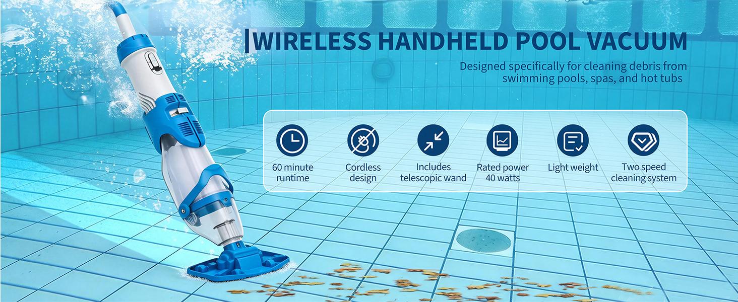Handheld Rechargeable Cordless Pool Vacuum, 18.5 GPM Strong Suction & 60 Min Runtime, with Telescopic Pole for Above Ground/Inground Pools, Hot Tubs & Spas