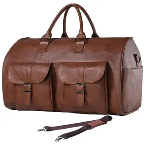 Portable Folding Outdoor Multifunctional Luggage Bag in Brown PU Leather for Leisure Travel 56x33x32cm with Urban Simplicity Design and 36-55L Capacity