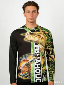 Men's Outdoor Fishing Long-Sleeve T-Shirt, 3D Fish Pattern Crew Neck T-Shirt, Summer Casual Loose-Fit Top, Men's Fishing Clothing