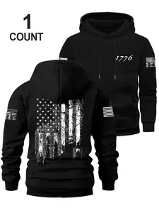 Men's Fall Winter Hooded Sweatshirt, Flag Print Design, Chest Pocket & Drawstring, Long Sleeve Loose Fit Casual Wear, Casual Sporty Sweatshirt