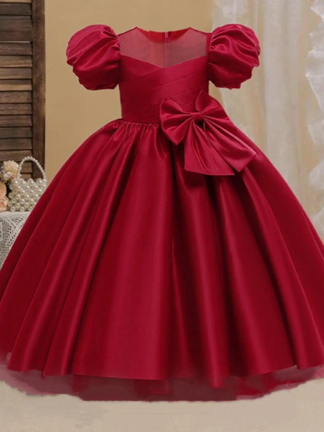 Girl's Contrast Mesh Big Bow Decor Fit and Flare Dress, Elegant Puff Sleeve Round Neck Midi Dress for Party Wedding Guest, Kids Clothes for All Season