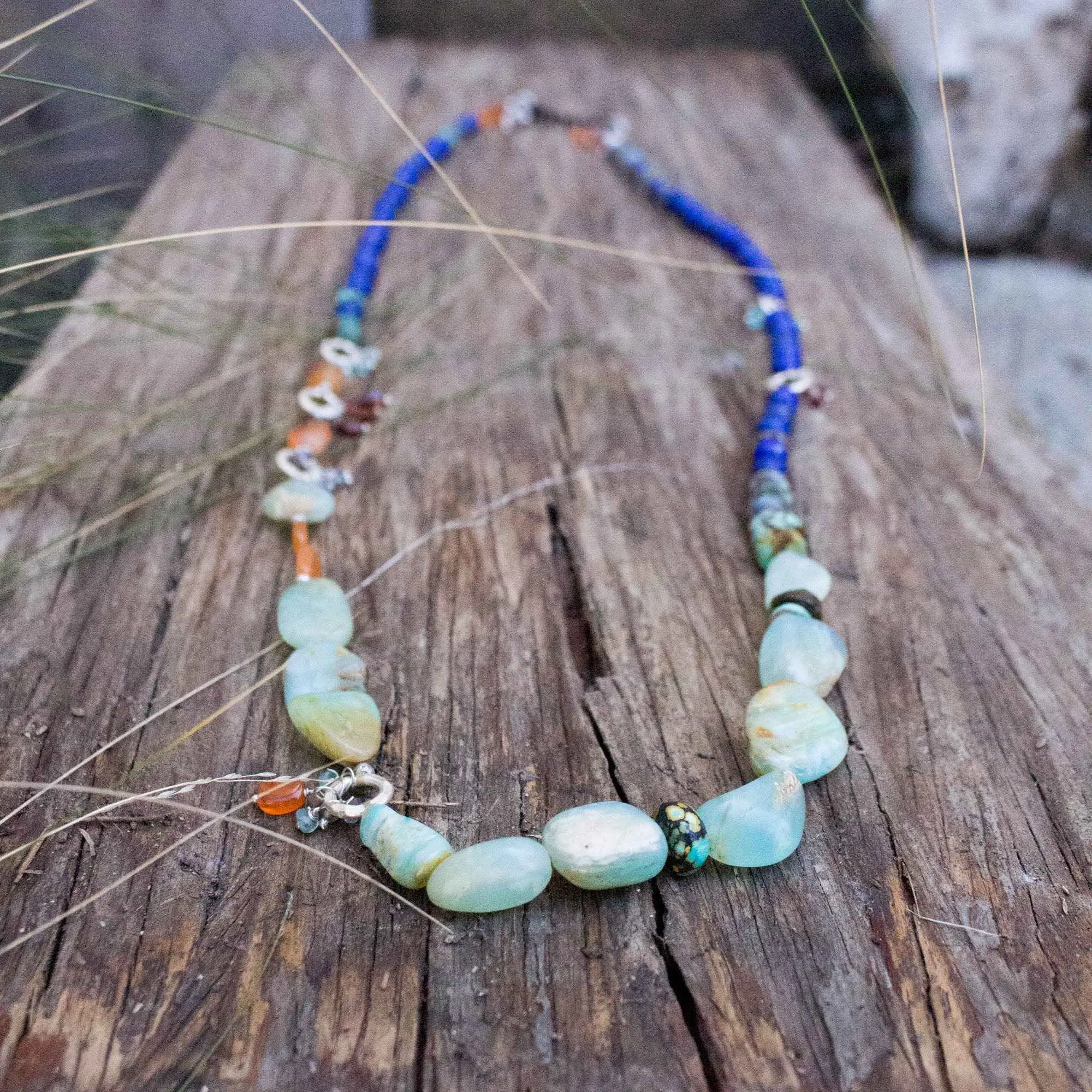 Peruvian Opal Lapis Lazuli Carnelian Long Necklace - 32 Inches