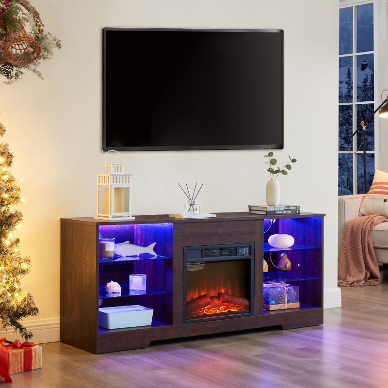 [Bellemave]TV Stand Electric Fireplace TV Stand with Glass Shelves, 3D Fireplace TV Stand with LED Lights Wood with USB Charging Outlet Modern Television Table Center for TV up to 32-62" ESP 58''W*15.5''D*24.4