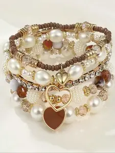 Boho Style Artificial Pearl & Crystal Beaded Bracelet, Fashion Heart Charm Decor Multilayer Bracelet for Women & Girls, Elegant All-match Fashion Accessories for Daily Wear, Elegant Jewelry Bracelet