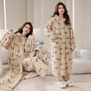 Long Sleeve Hooded Fleece Pajamas, Soft Flannel Winter Warm Loungewear for Women with Pockets, Long Calf-Length Wearable Blanket