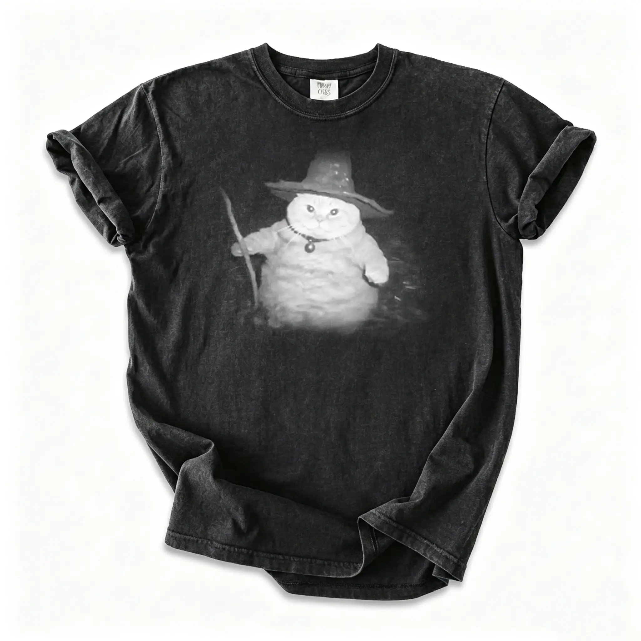 Women's Oversized Vintage Retro Wizard Cat Graphic Tee - Unisex 100% Ring-Spun Heavyweight Cotton Fabric, Distressed Round Neck Short-Sleeve Top, Double Needle Stitch, Garment Dyed Hue, 2XL Graphic Tees Women Casual Tshirt