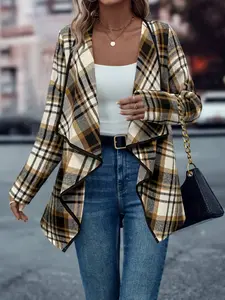 A women's yellow brown checkered irregular jacket, suitable for commuting to work, shopping, outdoor activities, indoor and outdoor wear