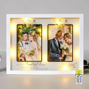 Then & Now 50th Anniversary Wooden Photo Frame with Shadow - Decor for Couple, Wedding Engagement Gift - Holds 2x4x6 Photos, White