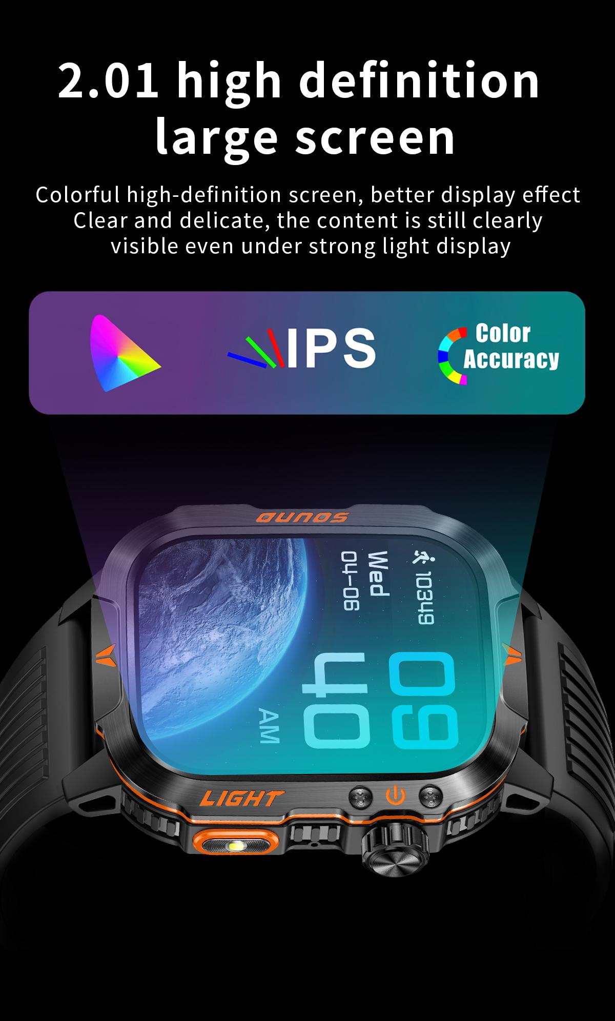 LOOXLK 2026 Outdoor-Style Smartwatch with 2.01-inch IPS Screen LED Lighting Wireless Call Sports Modes Calorie Tracker Compass Weather Alerts Men's Gift Fitness Tracker  Applicable to iPhones and Android devices Wearable