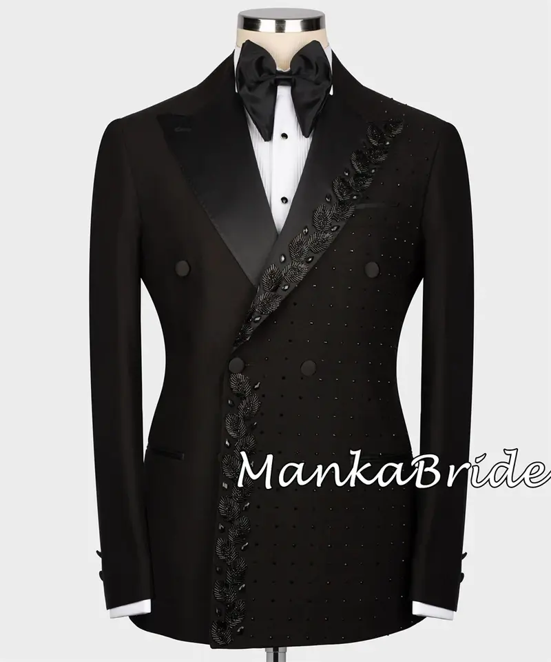 Men's Double Breasted Peak Lapel Blazer And Crystal Beads Pants Set Formal Wedding Party Groom Tuxedo Suit
