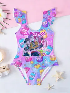 Kpop Demon Hunters Girls' Cartoon Design One-Piece Swimsuit, 3D Mana Boost Print, Fashionable Beachwear for Little Girls, Best Birthday Gift