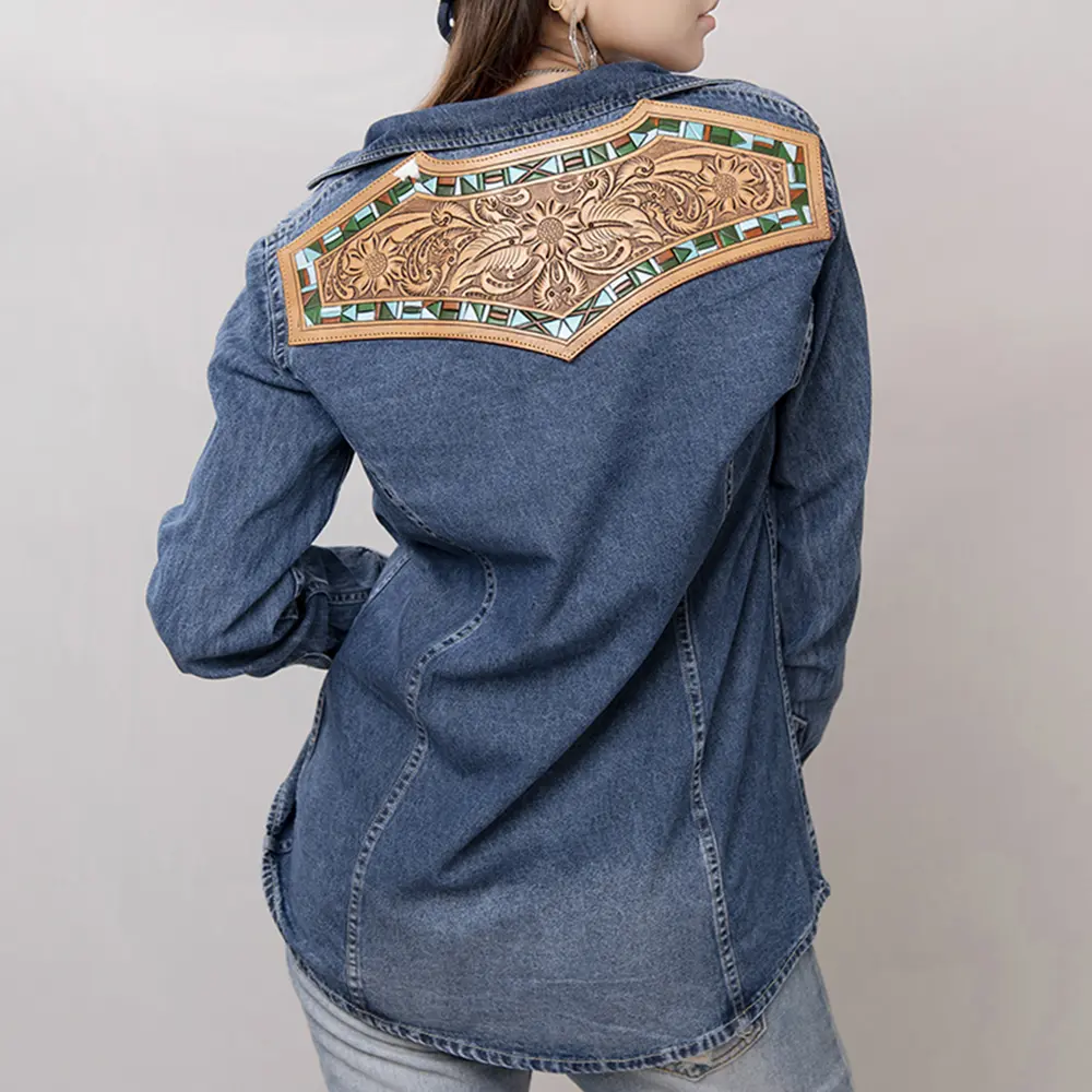 American Darling Genuine leather Hand tooled carved Women 100% cotton Denim Blazer dress jacket ladies |Vintage