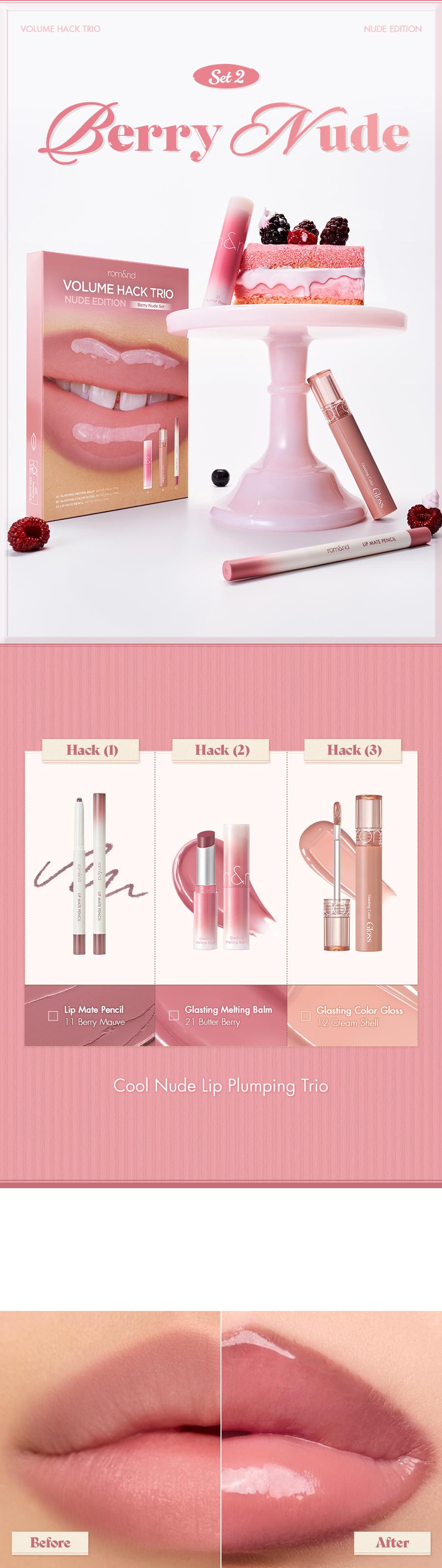[rom&nd Official Shop] rom&nd LIP VOLUME HACK TRIO NUDE EDITION (2 Shades, Lip Mate Pencil 0.5g & Melting Balm 3.5g & Color Gloss 4g)